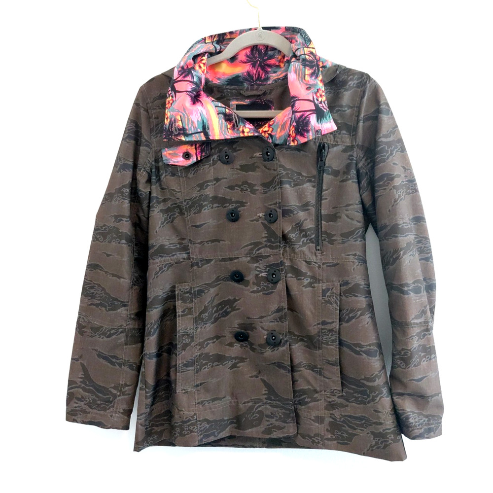 VTG Hurley Double Breasted Women LARGE Hood Camo VIVID Hawaiian Pink Y2K Skater